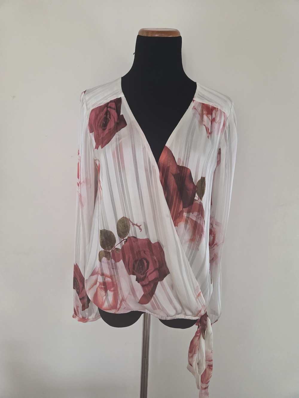 Guess Floral Wrap Blouse - White with Red Rose Print Size S